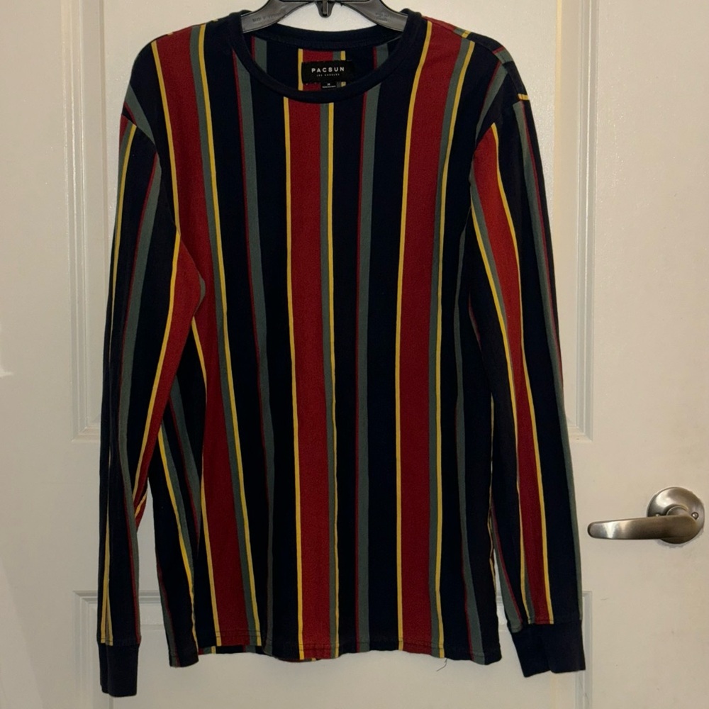 PacSun Men's Striped Long Sleeve Tee - Deep Red, Yellow, Navy Blue, Olive Green